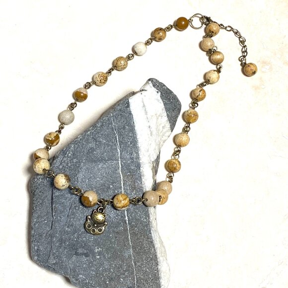 Genuine Yellow Picture Jasper Short Necklace, Cute Bronze Fortune Cat + Gemstone - Picture 6 of 15